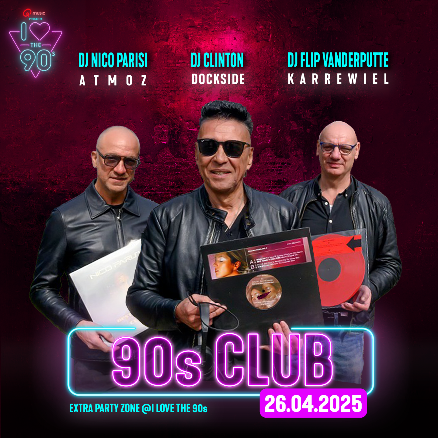 Relive your magical nights at Dockside, Atmoz and Karrewiel in the 90s club at I Love the 90s &ndash; The Party. Three legendary DJs bring back the iconic club scene for one unforgettable night!🥳🪩